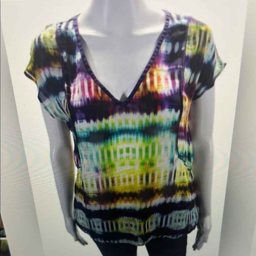 Trina Turk Blue and Green Graphic Blouse